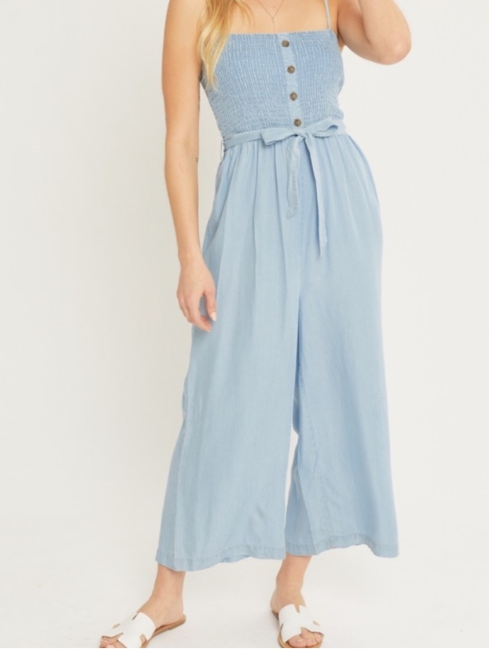Light Blue Tencel Denim Chambray Wide-Leg Jumpsuit with Tie Waist